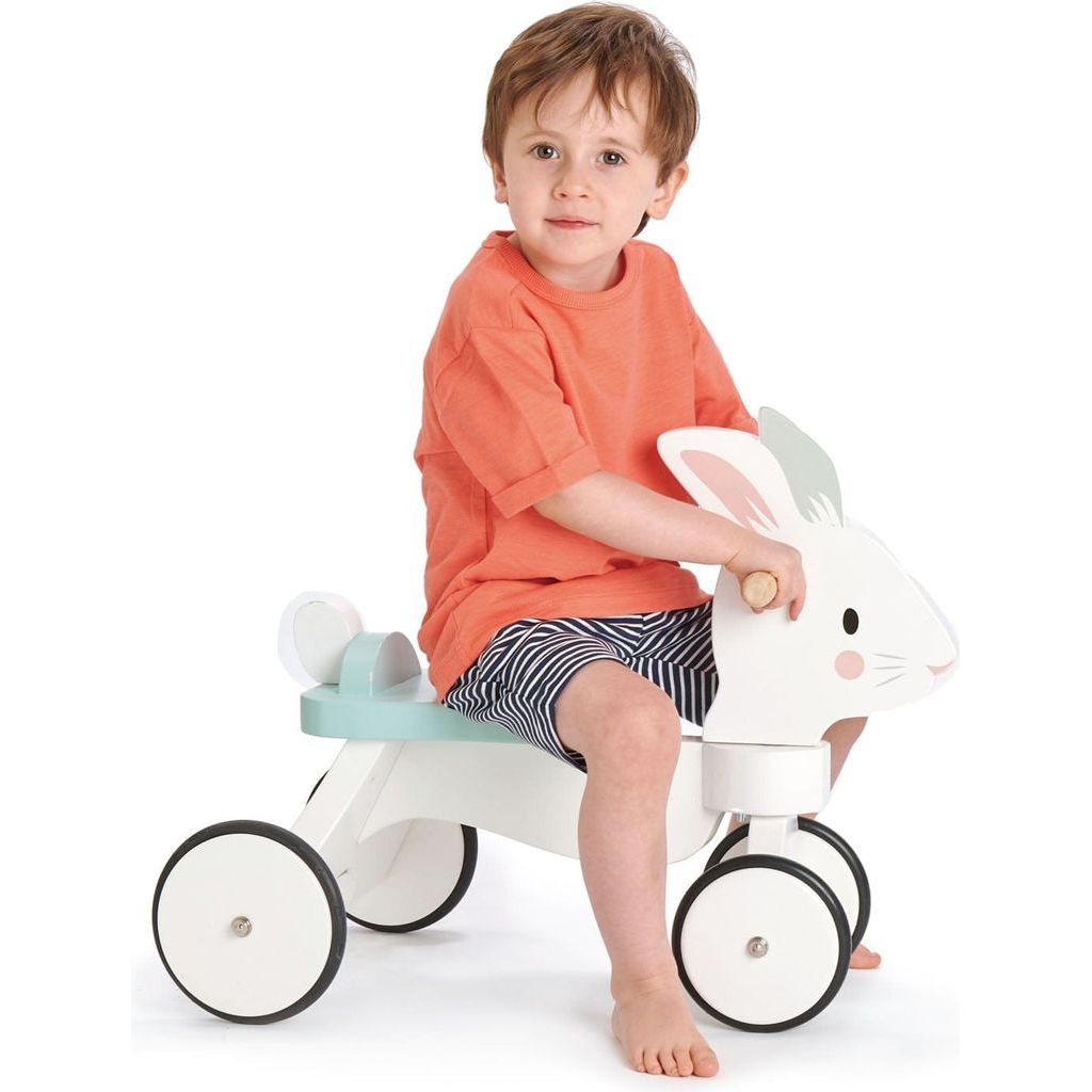 boy sitting on Tender Leaf Running Rabbit Wooden Ride On