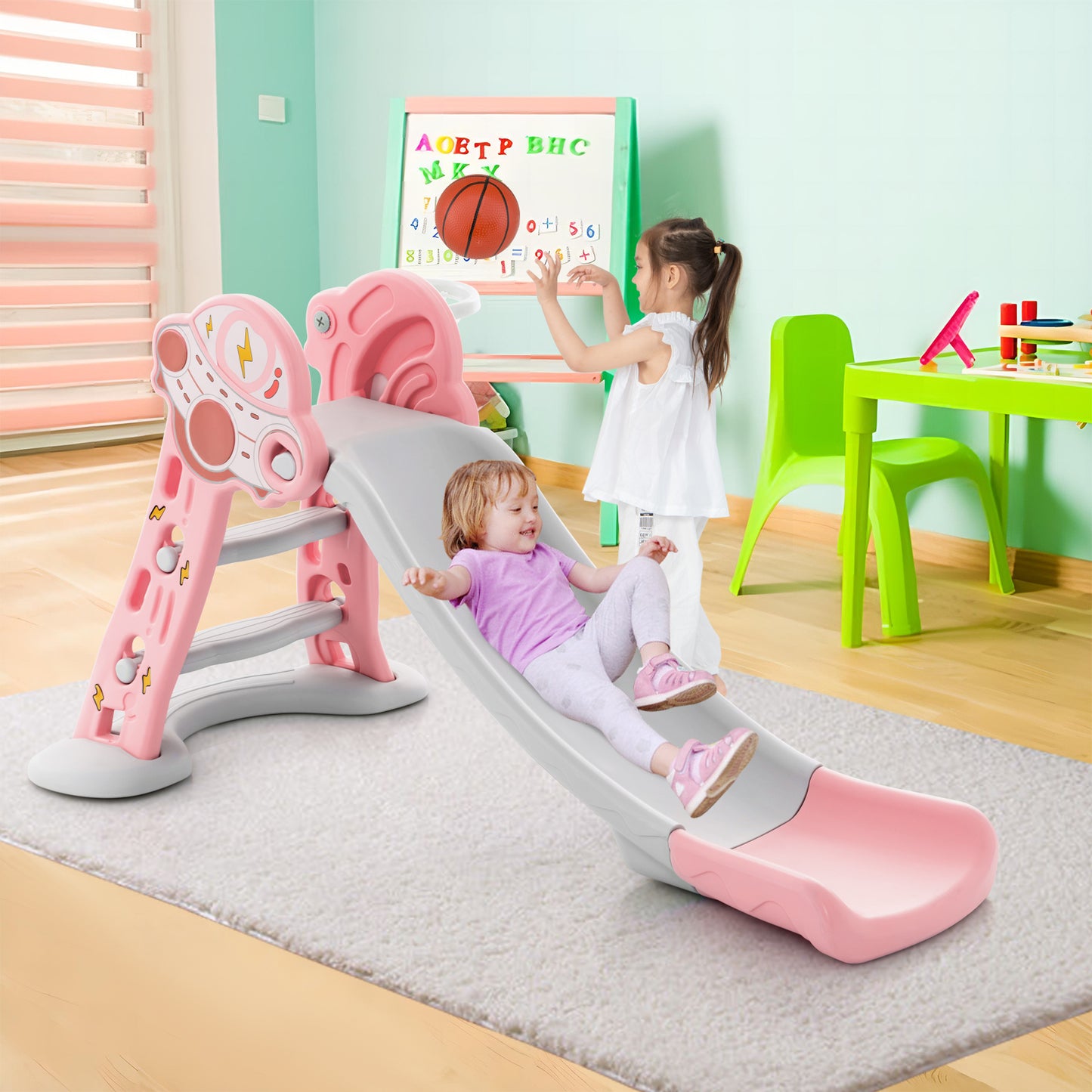 3-in-1 Indoor Slide with Basketball Hoop & Small Basketball for Kids-Pink