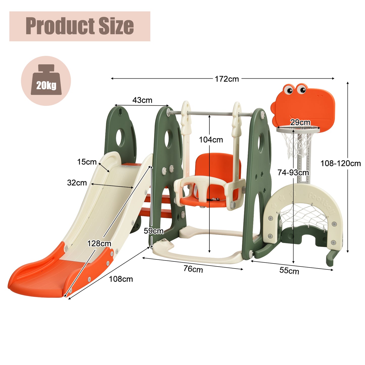 6 in 1 Toddler Slide and Swing Set with Adjustable Basketball Hoop for Indoor-Orange