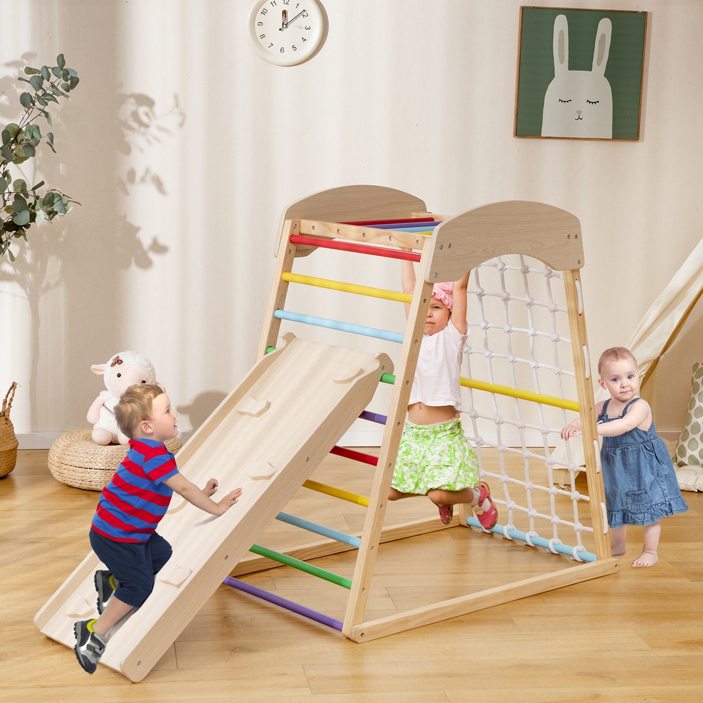6-in-1 Jungle Gym Wooden Indoor Playground with Double-sided Ramp-Multicolor