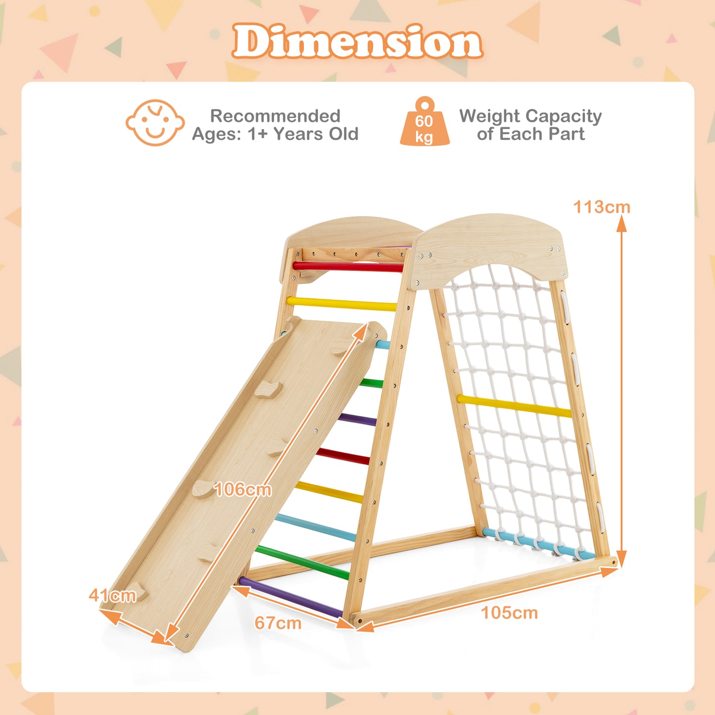 6-in-1 Jungle Gym Wooden Indoor Playground with Double-sided Ramp-Multicolor