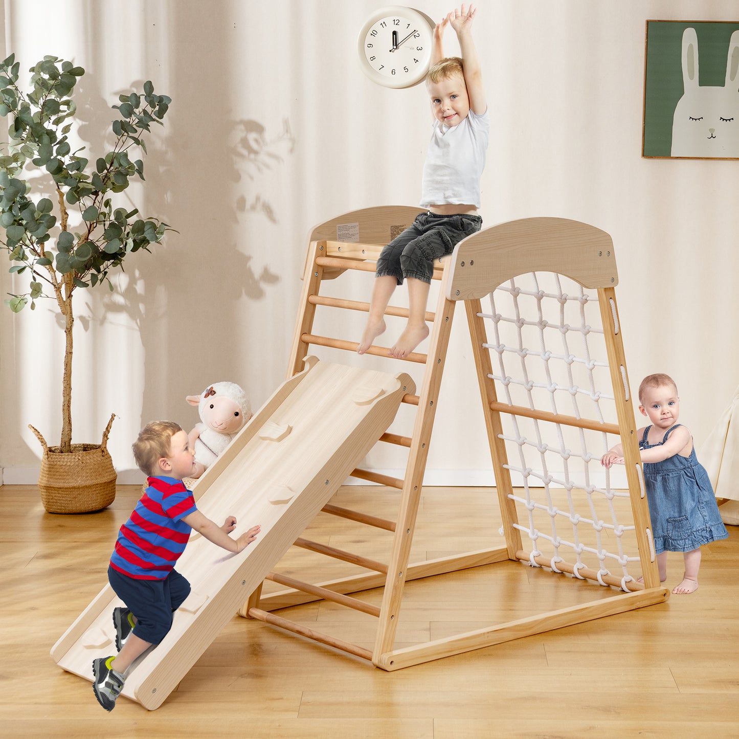 6-in-1 Jungle Gym Wooden Indoor Playground with Double-sided Ramp-Natural