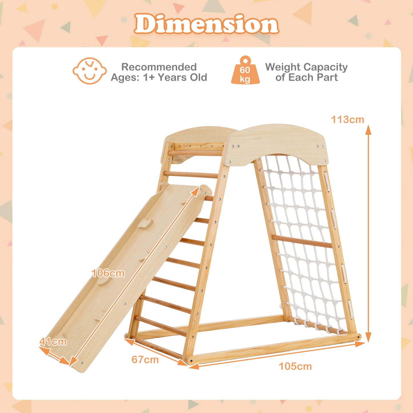 6-in-1 Jungle Gym Wooden Indoor Playground with Double-sided Ramp-Natural