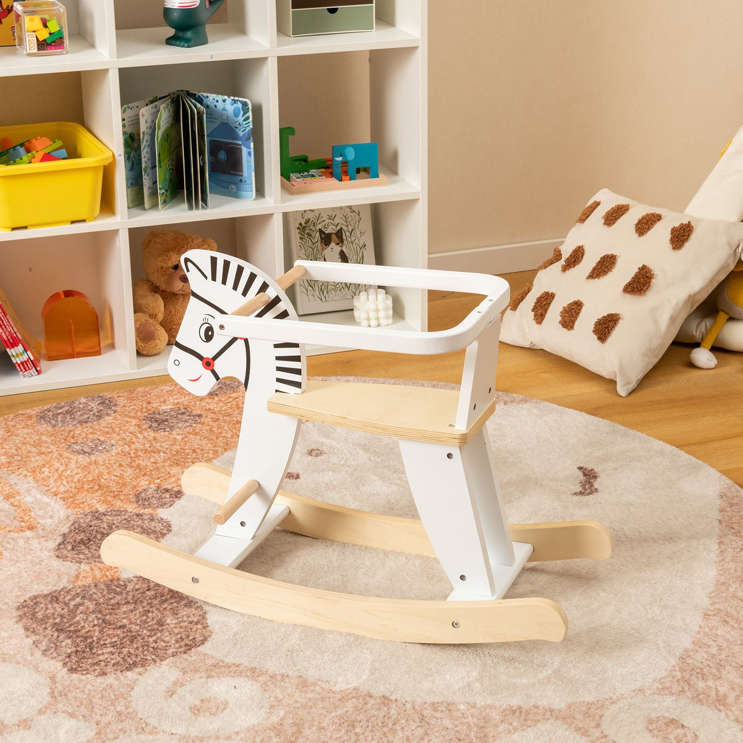 Wooden Rocking Horse with Detachable Fences and Backrest-White