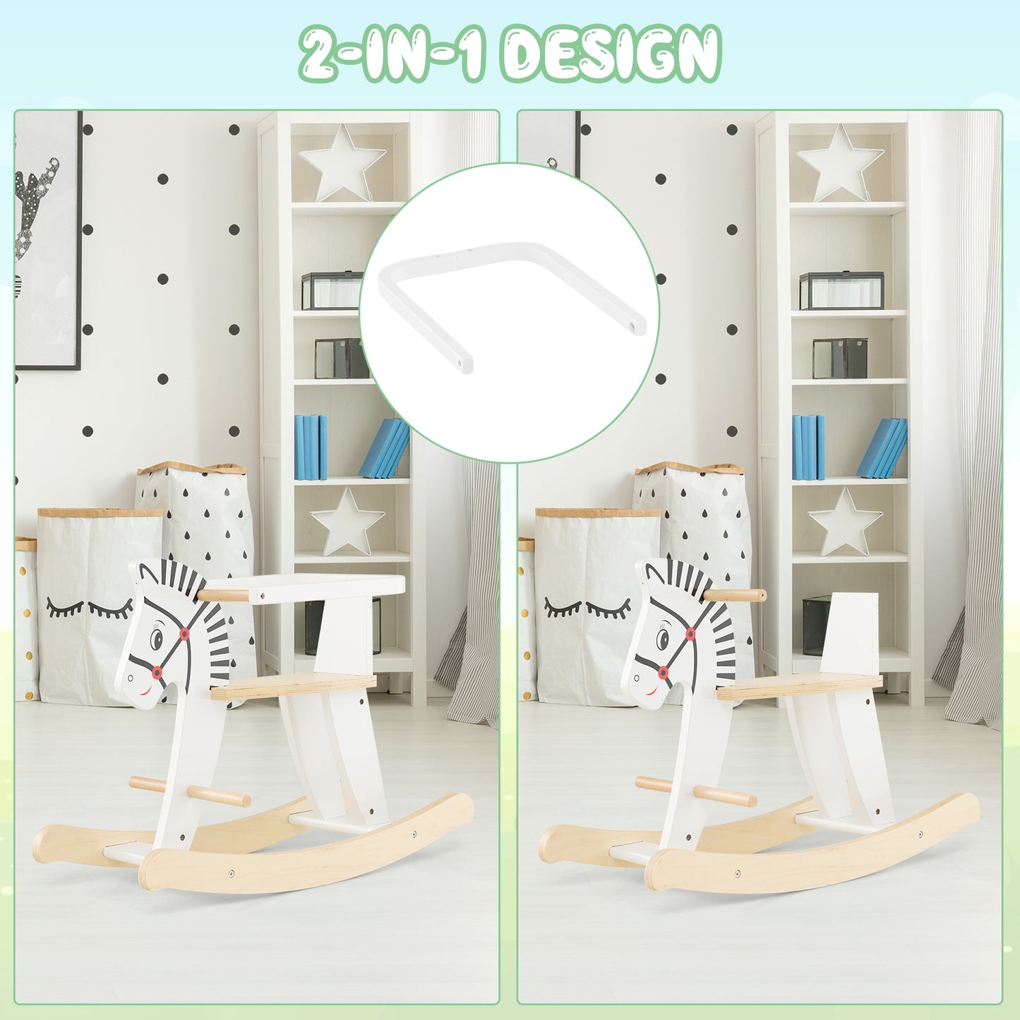 Wooden Rocking Horse with Detachable Fences and Backrest-White
