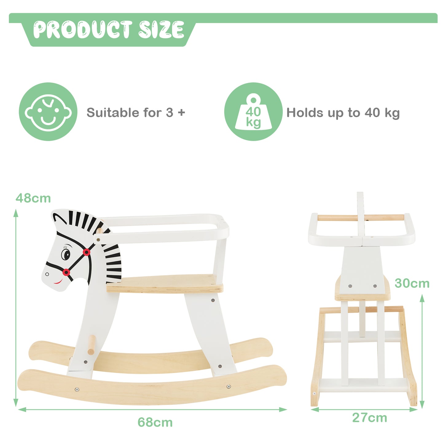 Wooden Rocking Horse with Detachable Fences and Backrest-White