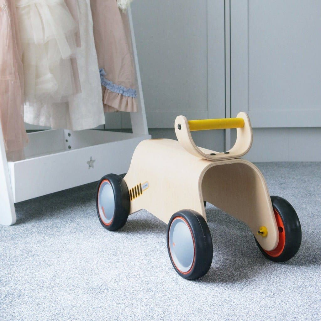 Mama Toyz Wooden Bold Ride On Age 12 Months + infrom of wardrobe