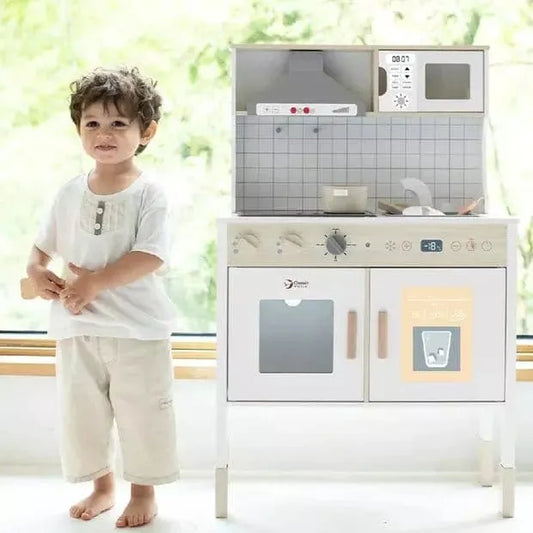 little boy standing next to Classic World Wooden Modern Kitchen