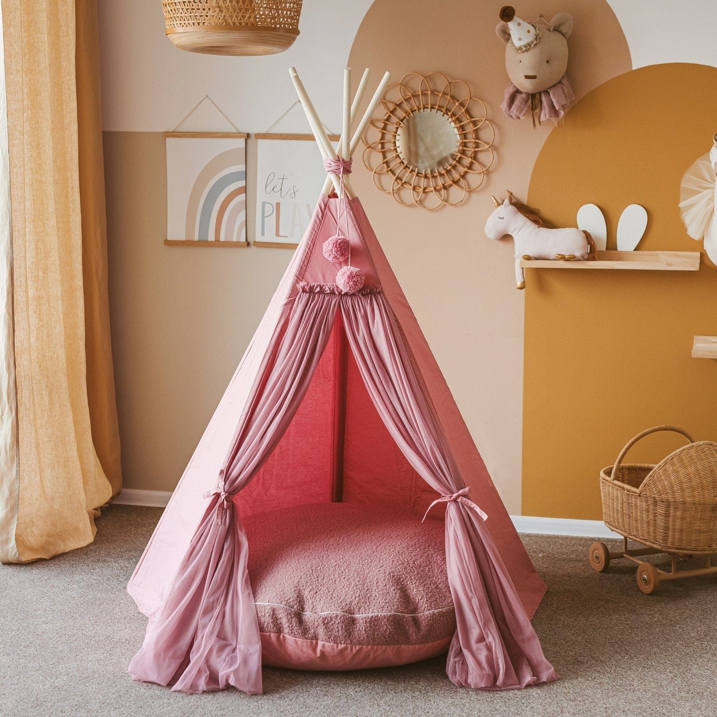 MINICAMP Boucle Fabric Kids Floor Cushion in Rose inside kids teepee play tent