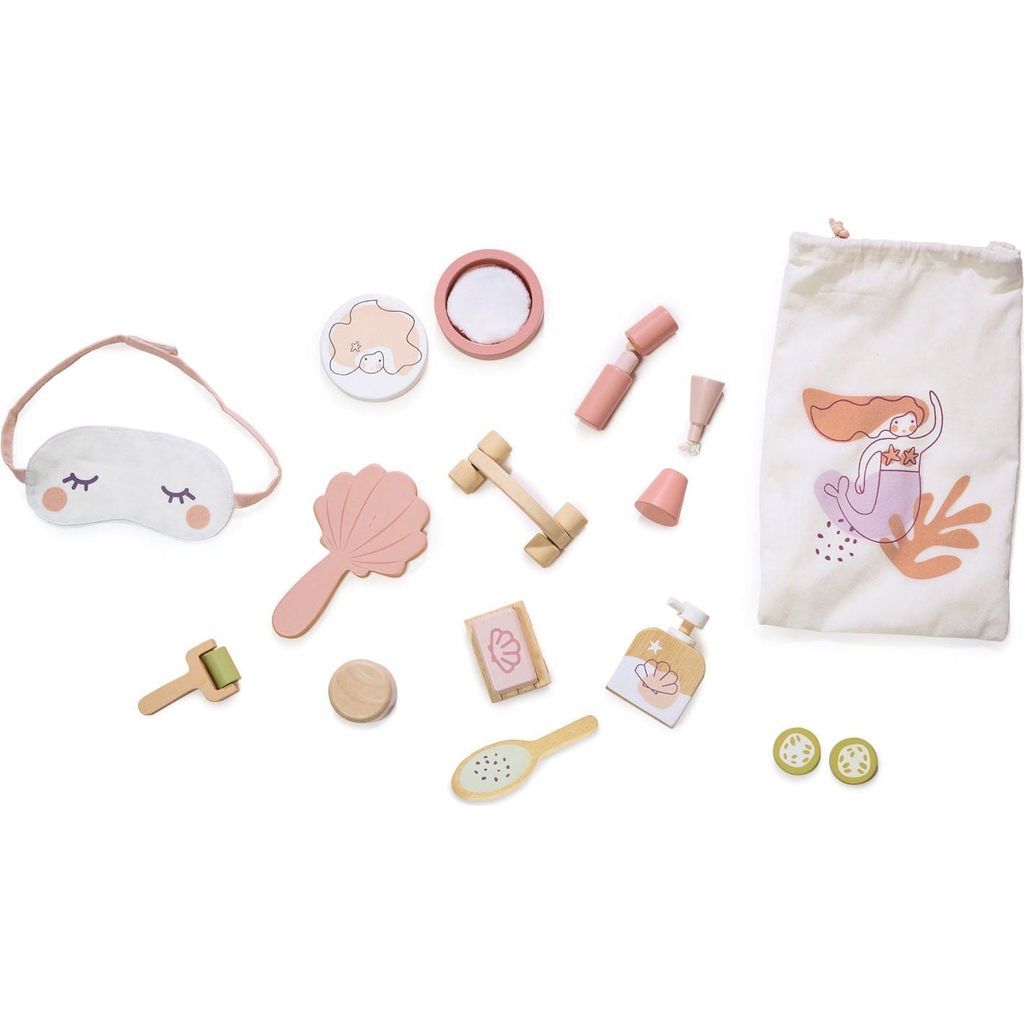 Tender Leaf Wooden Toy Spa Retreat Set pieces including bag and eye mask