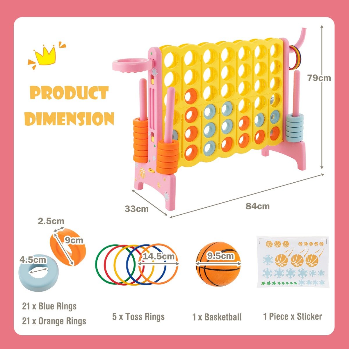 Upgraded 4-to-Score Game Set with Basketball Hoop and Toss Ring for Kids and Adults-Pink