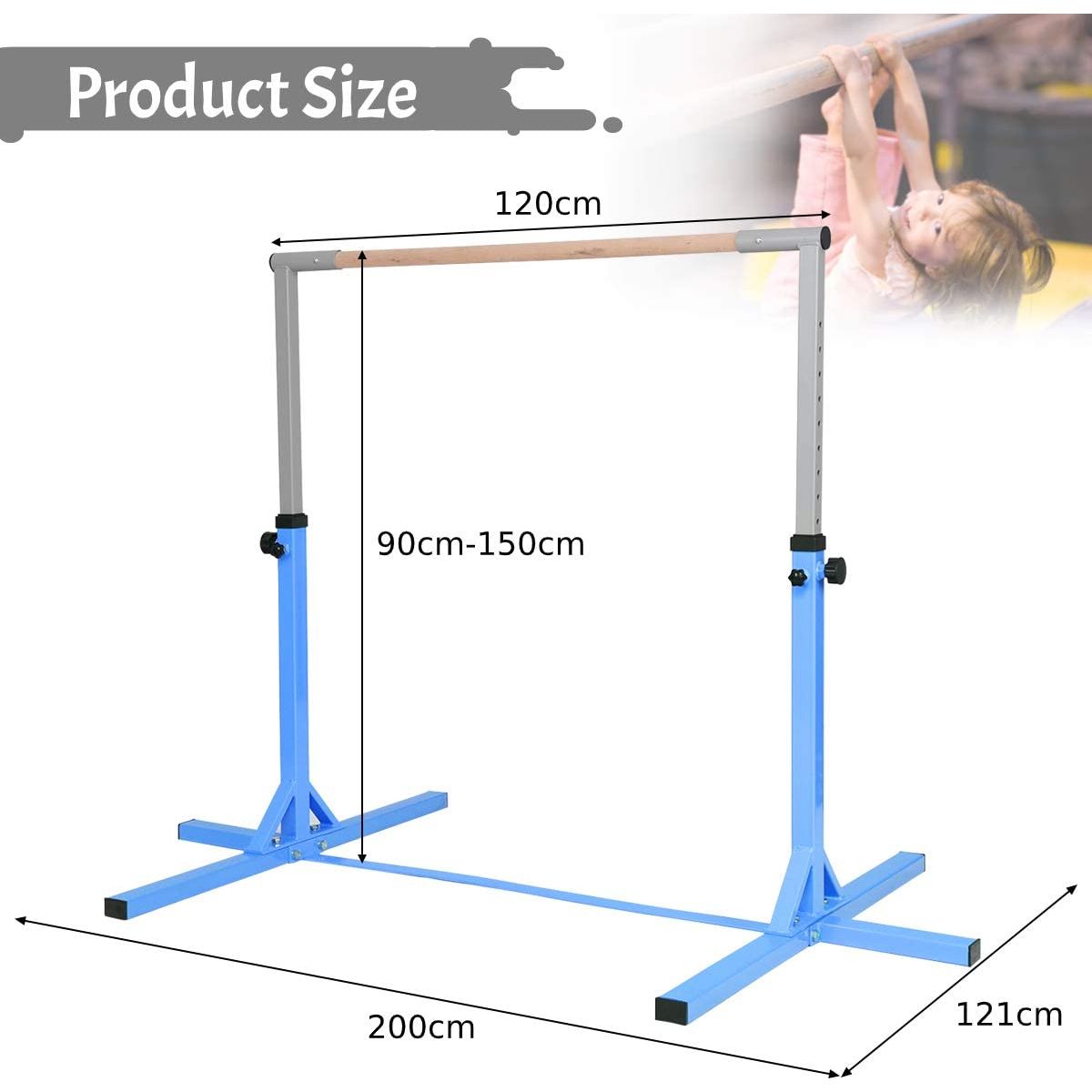 Children's Height Adjustable Gymnastics Training Bar, 90-150cm-Blue