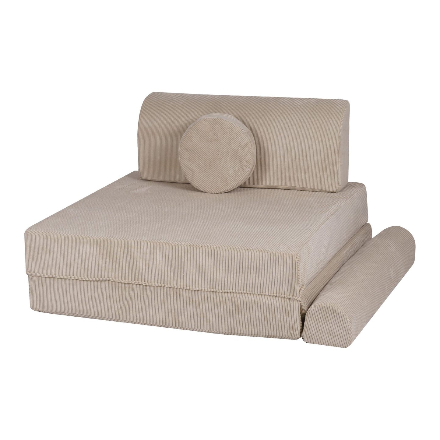MeowBaby Kids Soft Play Sofa & Fold Out Bed - Corduroy Ecru single seat close up
