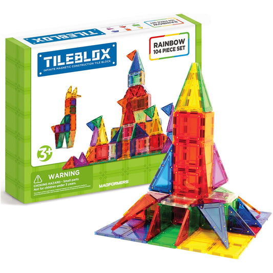 Magformers TileBlox Rainbow 104 Piece Set box and tower