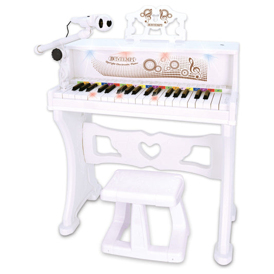 Bontempi Upright White Piano with Microphone and Stool + USB socket and Bluetooth Connection