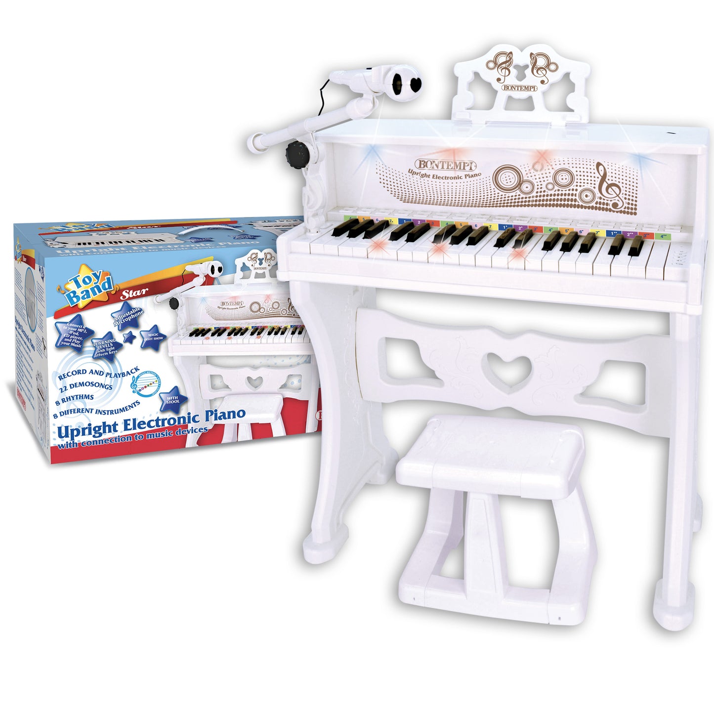 Bontempi Upright White Piano with Microphone and Stool + USB socket and Bluetooth Connection