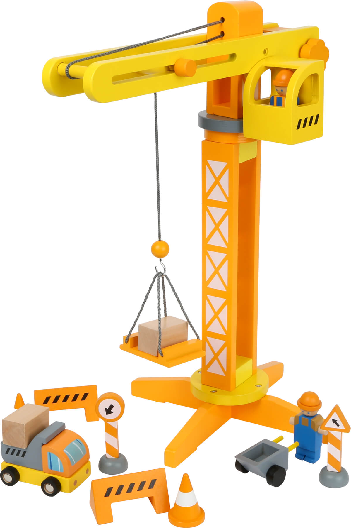 Small Foot Wooden Crane with Construction Site Accessories