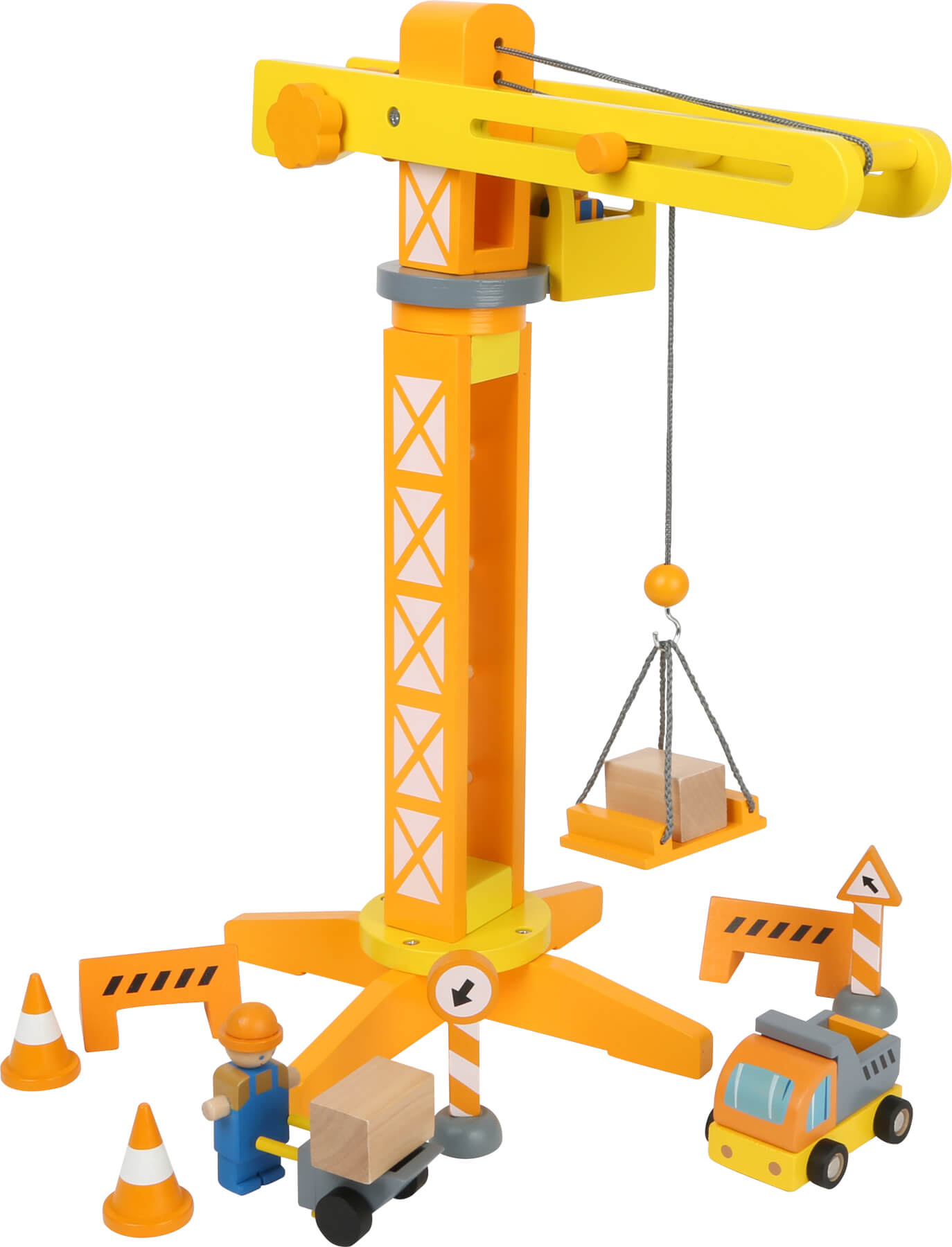 Small Foot Wooden Crane with Construction Site Accessories