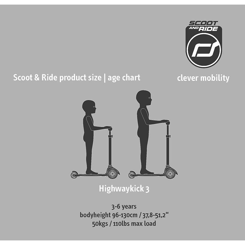 Scoot and Ride Highwaykick 3 Scooter - Age 3+ - Led Steel size chart