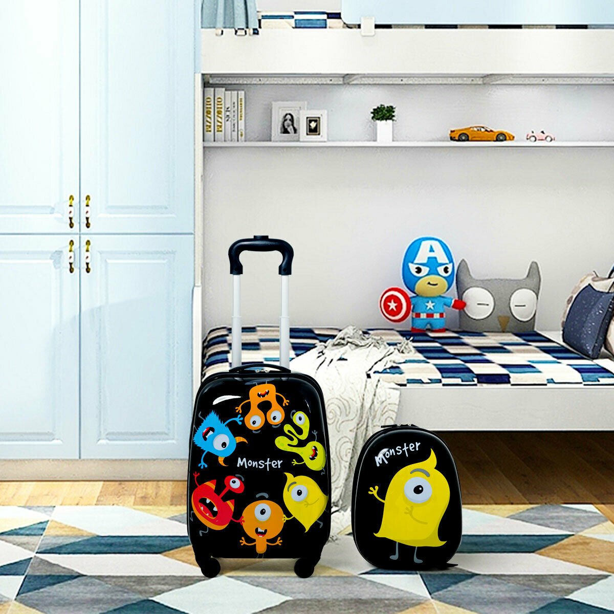 2 Pieces Kids Luggage Set with 4 Casters and Retractable Handle - Monster - The Online Toy Shop - Costway - 2