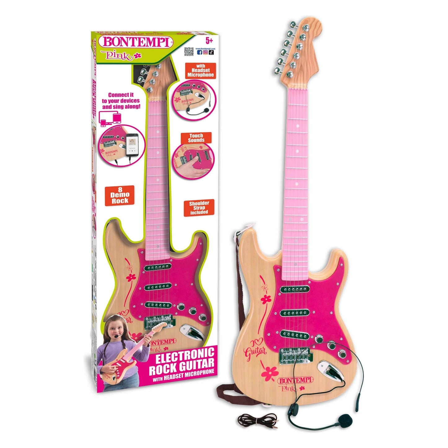 Bontempi Electronic Rock Guitar w/Shoulder Strap & Headset - PINK