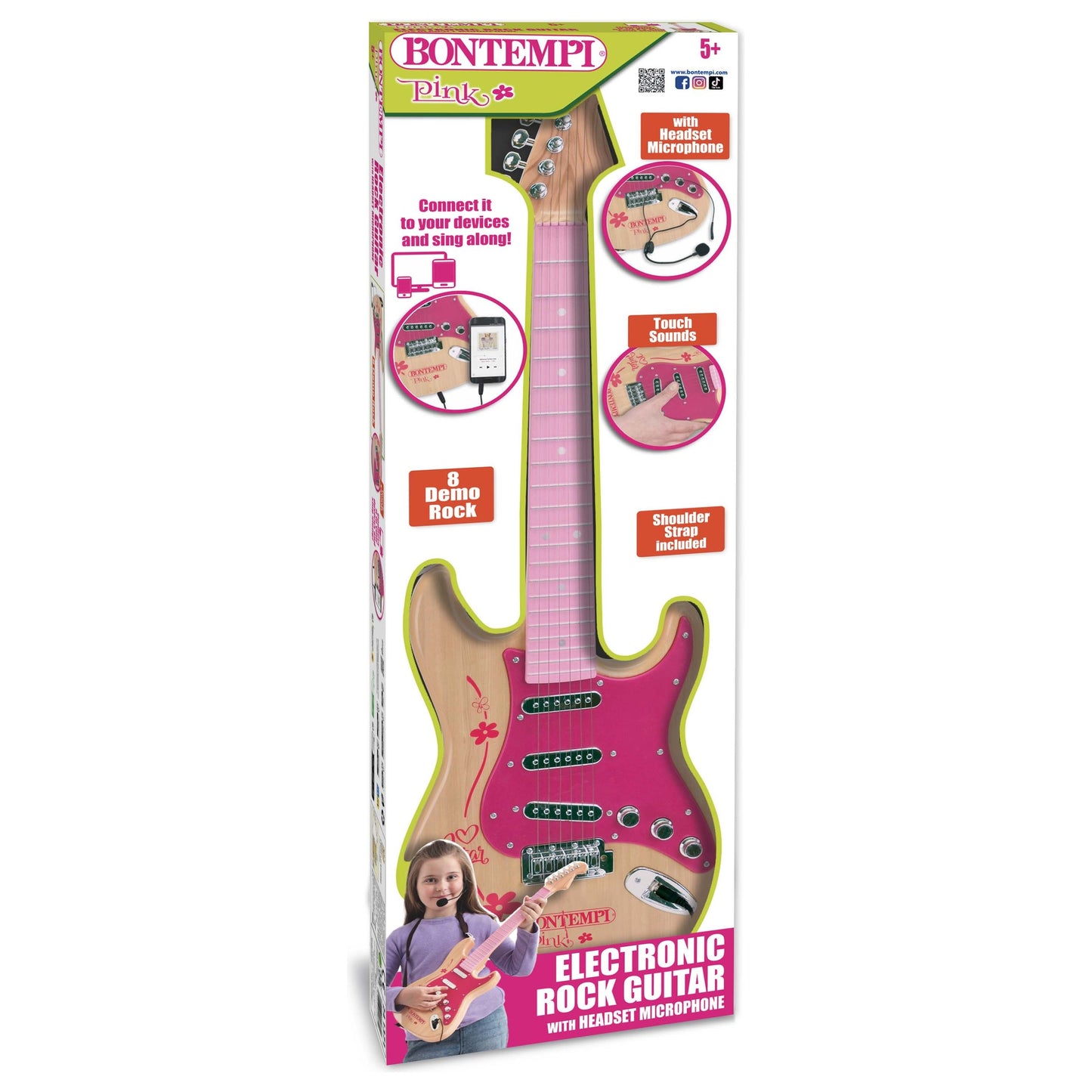 Bontempi Electronic Rock Guitar w/Shoulder Strap & Headset - PINK