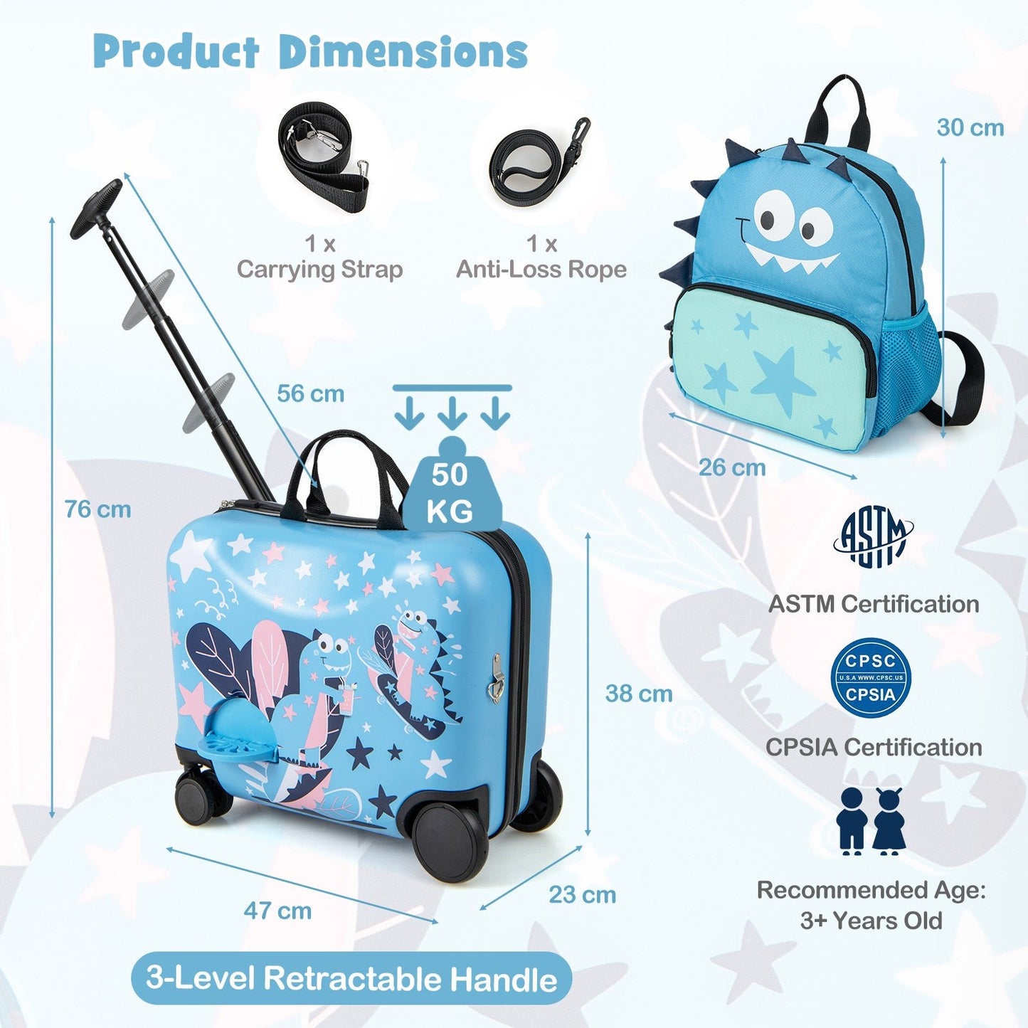 2 Piece Ride-on Kid Luggage Set with Spinner Wheels-Blue
