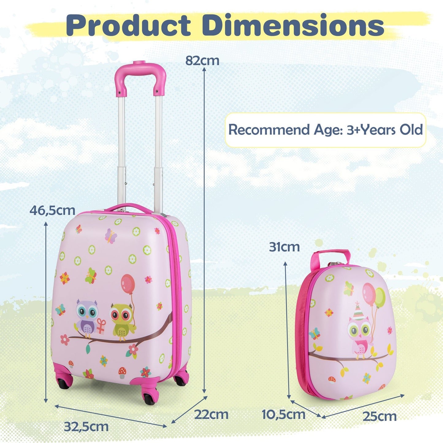 2 Pieces Kids Luggage Set with Wheels and Height Adjustable Handle - Light Pink Owls