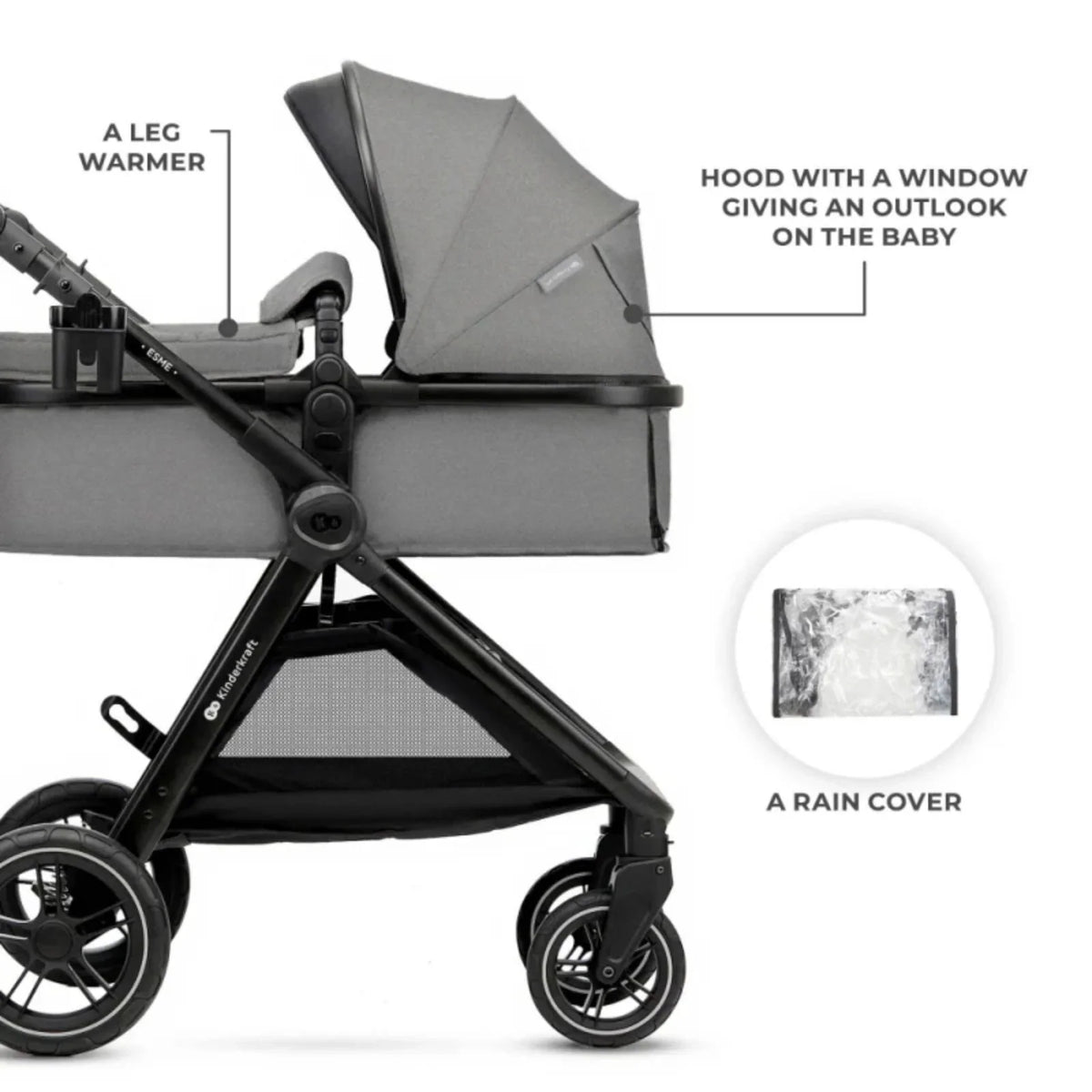 Kinderkraft Esme Pro 3-in-1 Travel System with Mink Pro Car Seat - Moonlight Grey