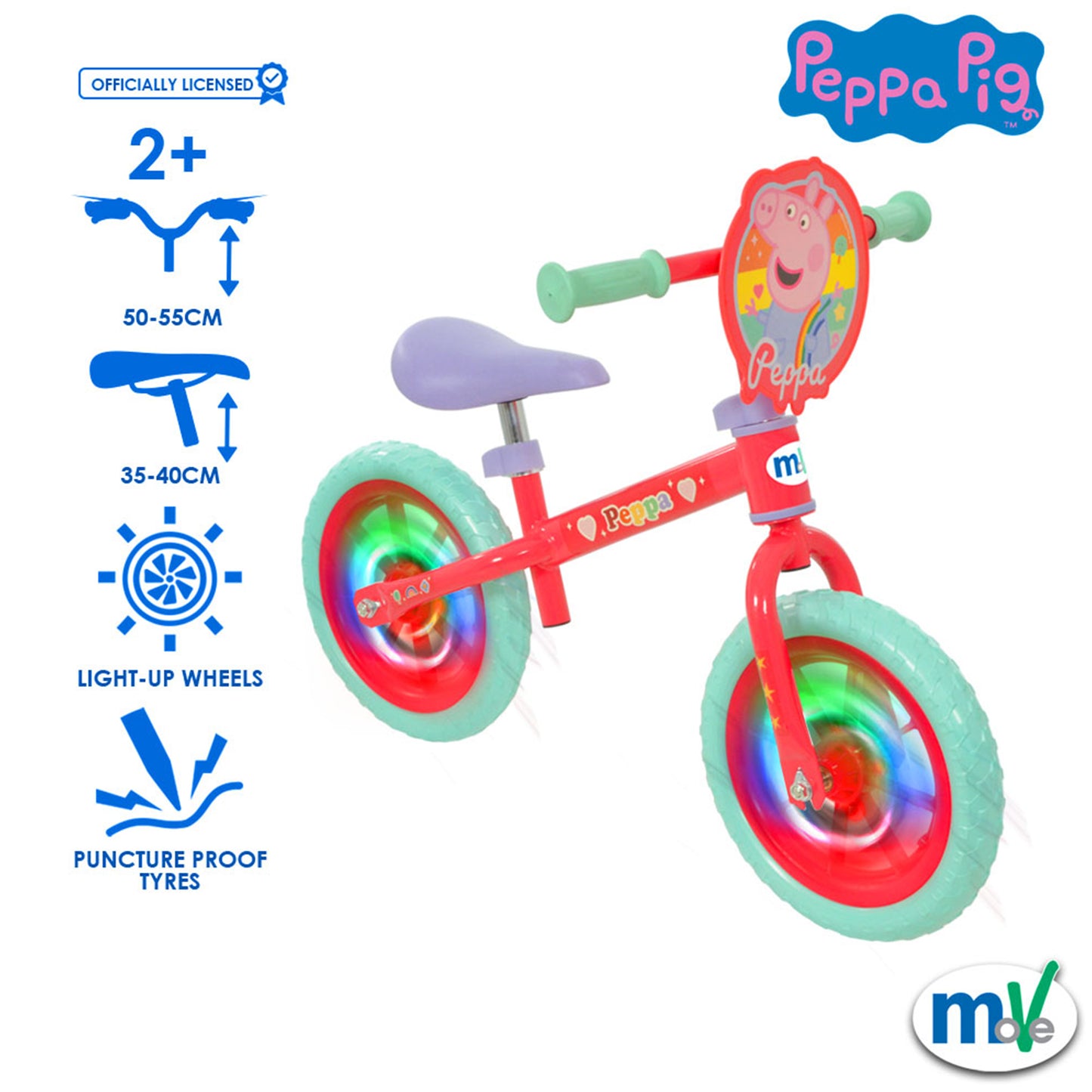 MV Peppa Pig 12" Balance Bike with Light Up Wheels