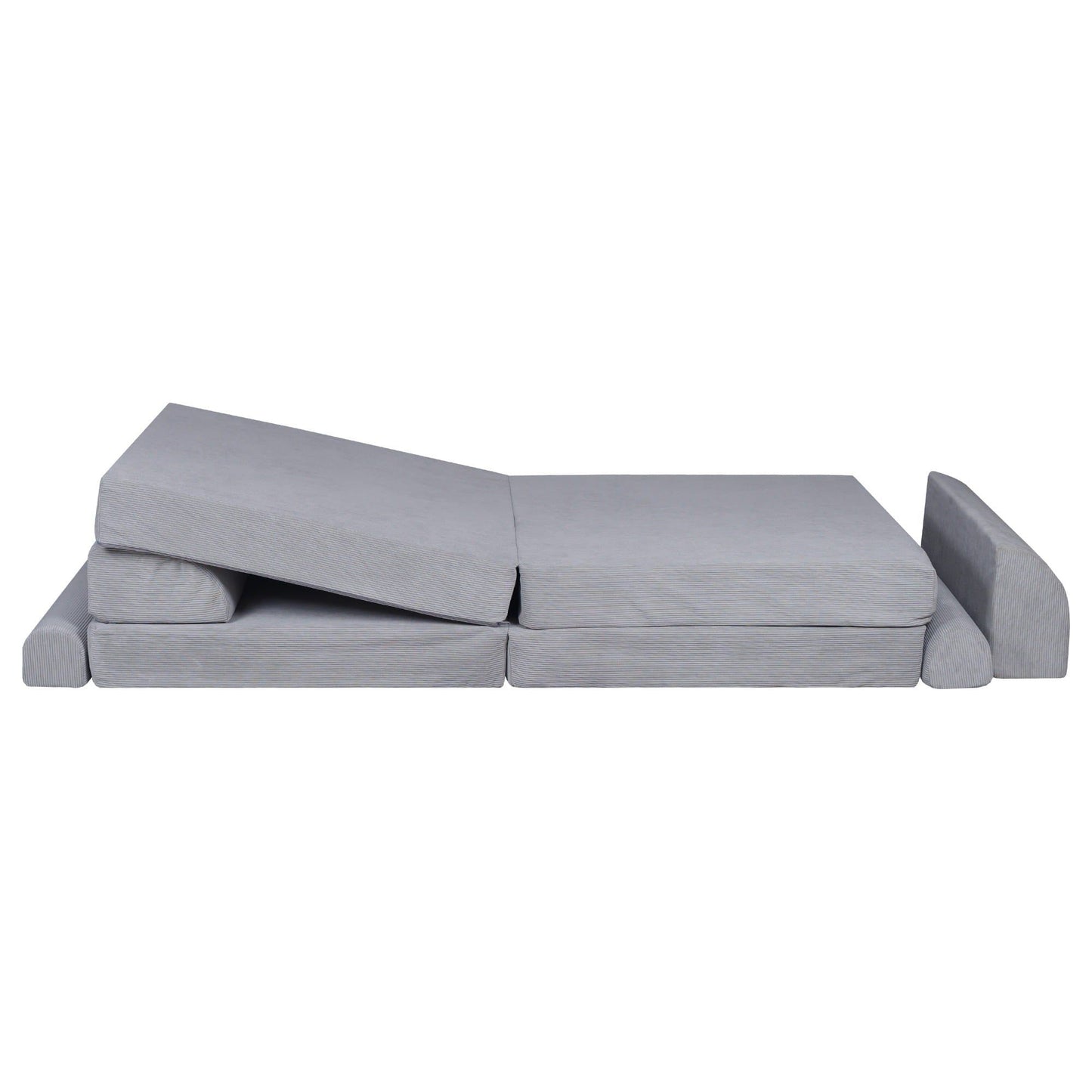 MeowBaby Kids Soft Play Sofa & Fold Out Bed - Corduroy Grey with one end raised