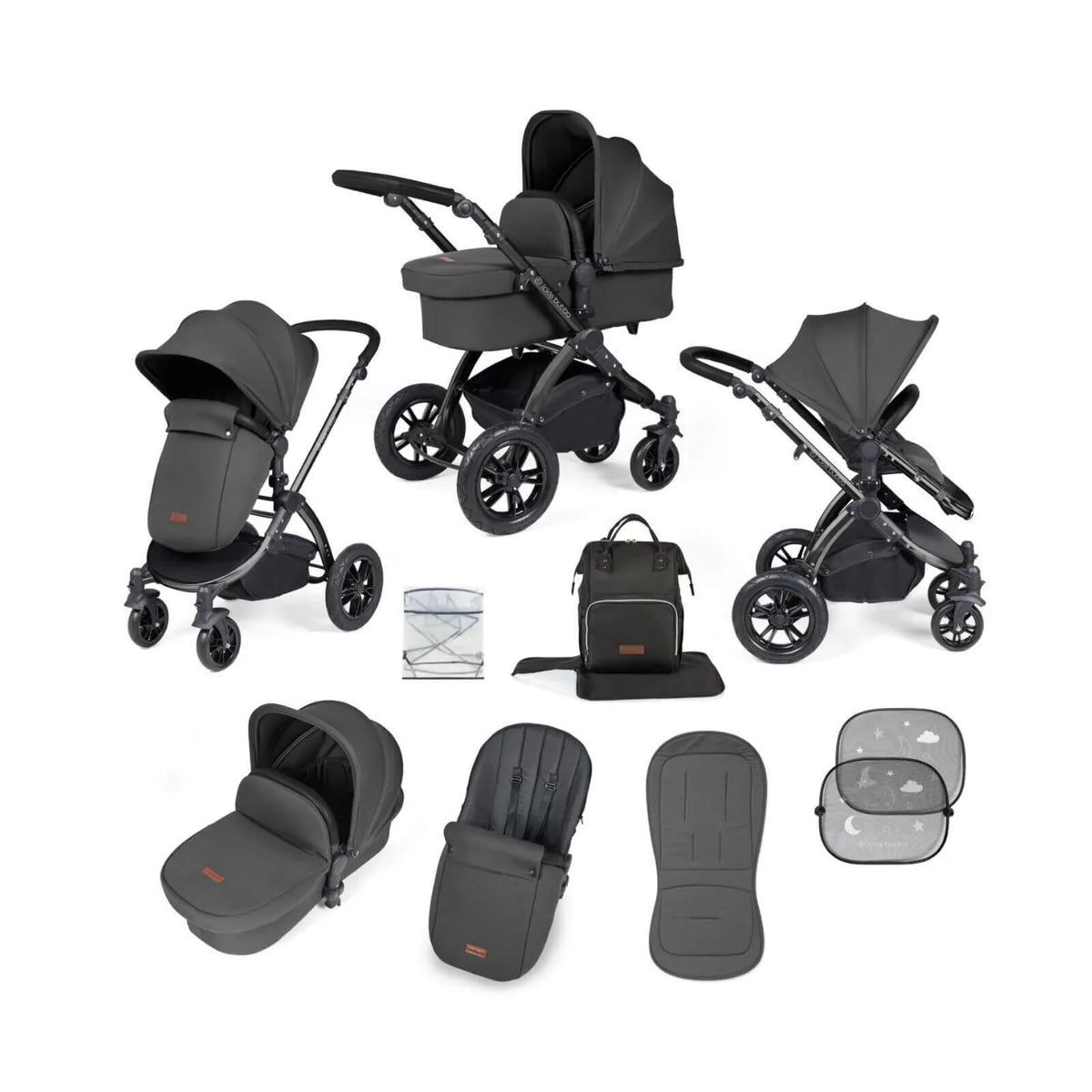 Ickle Bubba Stomp Luxe 2 in 1 Pushchair & Carrycot - Black/Charcoal Grey/Black