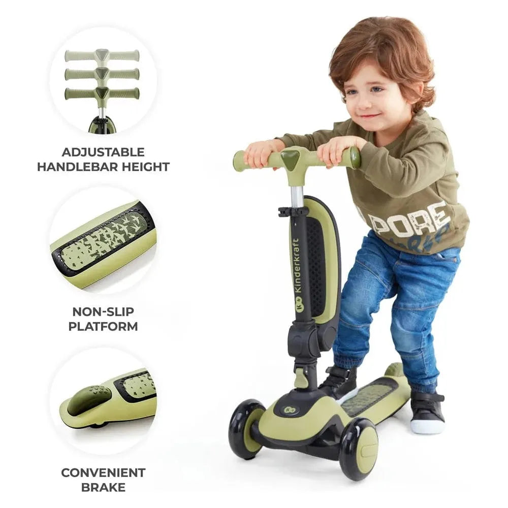 KinderKraft Halley Seated to Standing Scooter - Green with key features