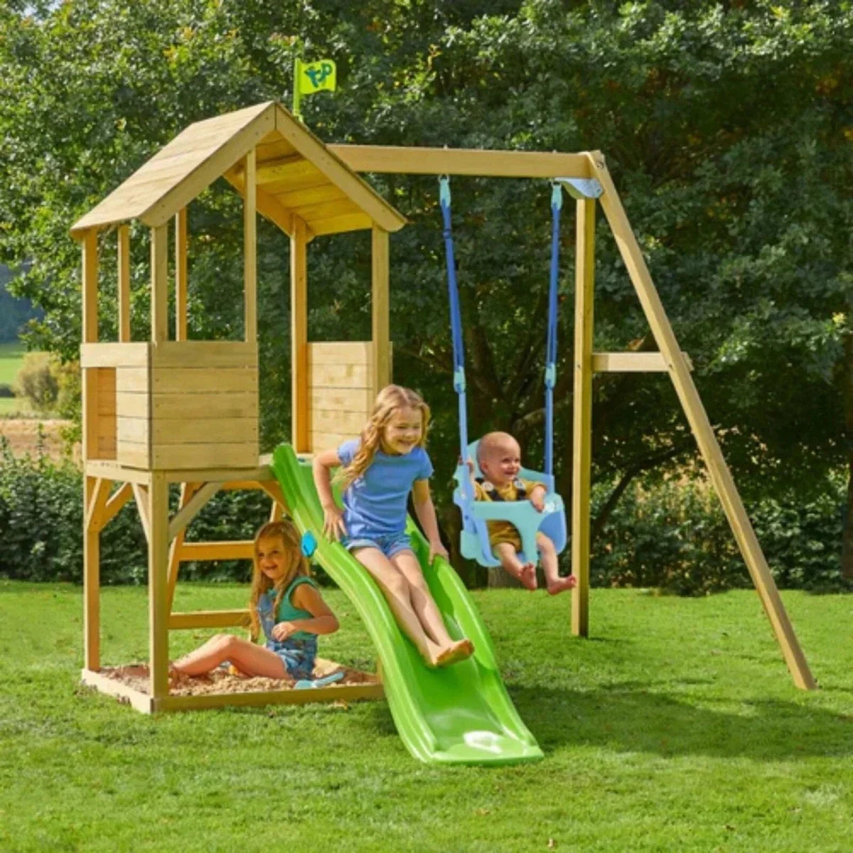 TP Treehouse Set with Slide & Bluey Quadpod Single Swing