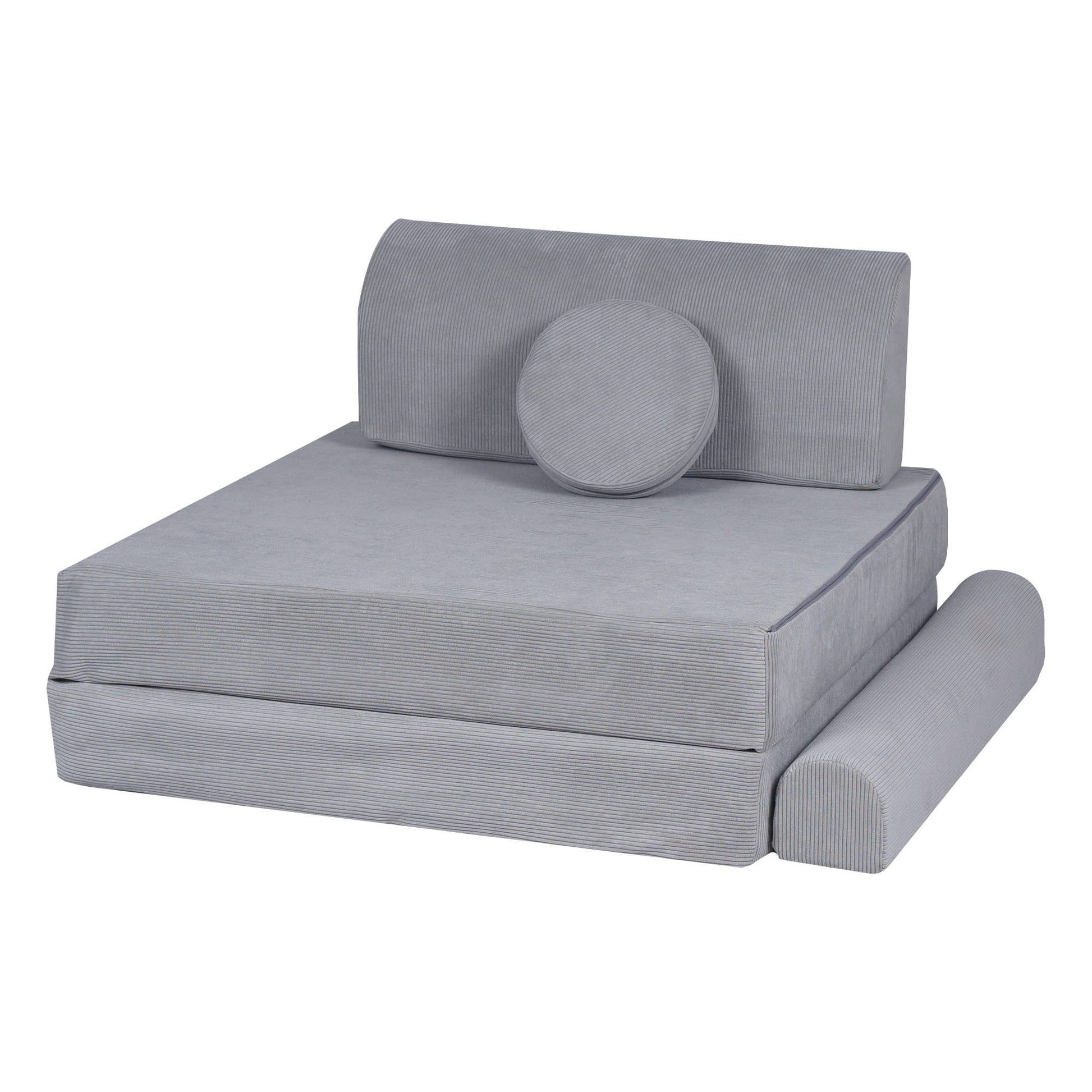 MeowBaby Kids Soft Play Sofa & Fold Out Bed - Corduroy Grey single seat close up