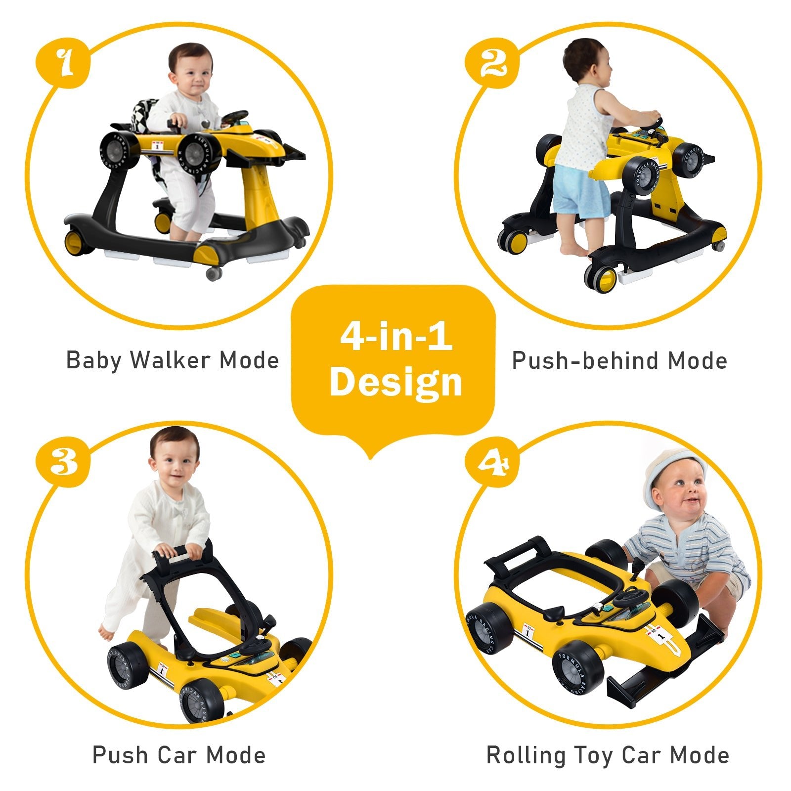 4-in-1 Baby Push Walker with Adjustable Height and Speed-Yellow - The Online Toy Shop - Costway - 3