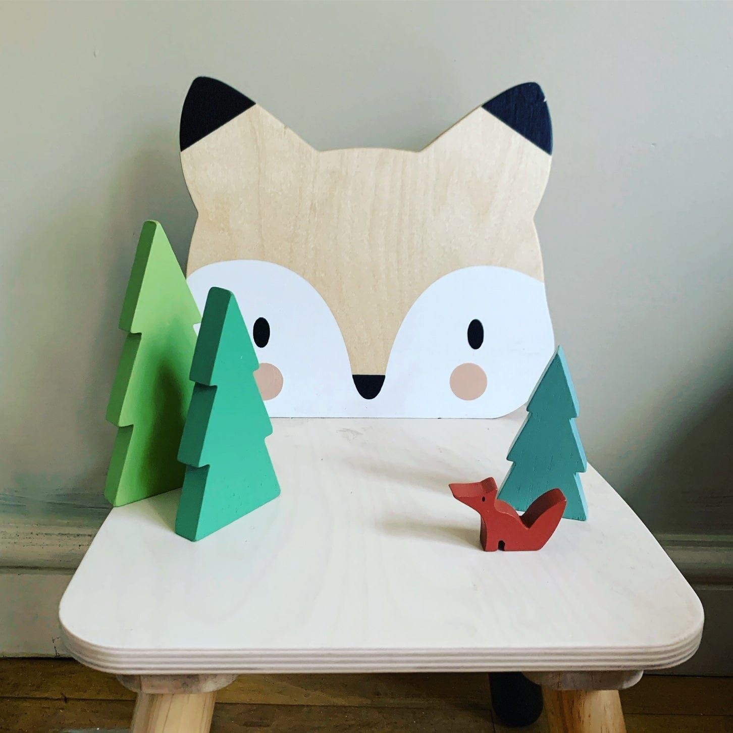 Tender Leaf Forest Fox Wooden Kids Chair with wooden trees and fox on top