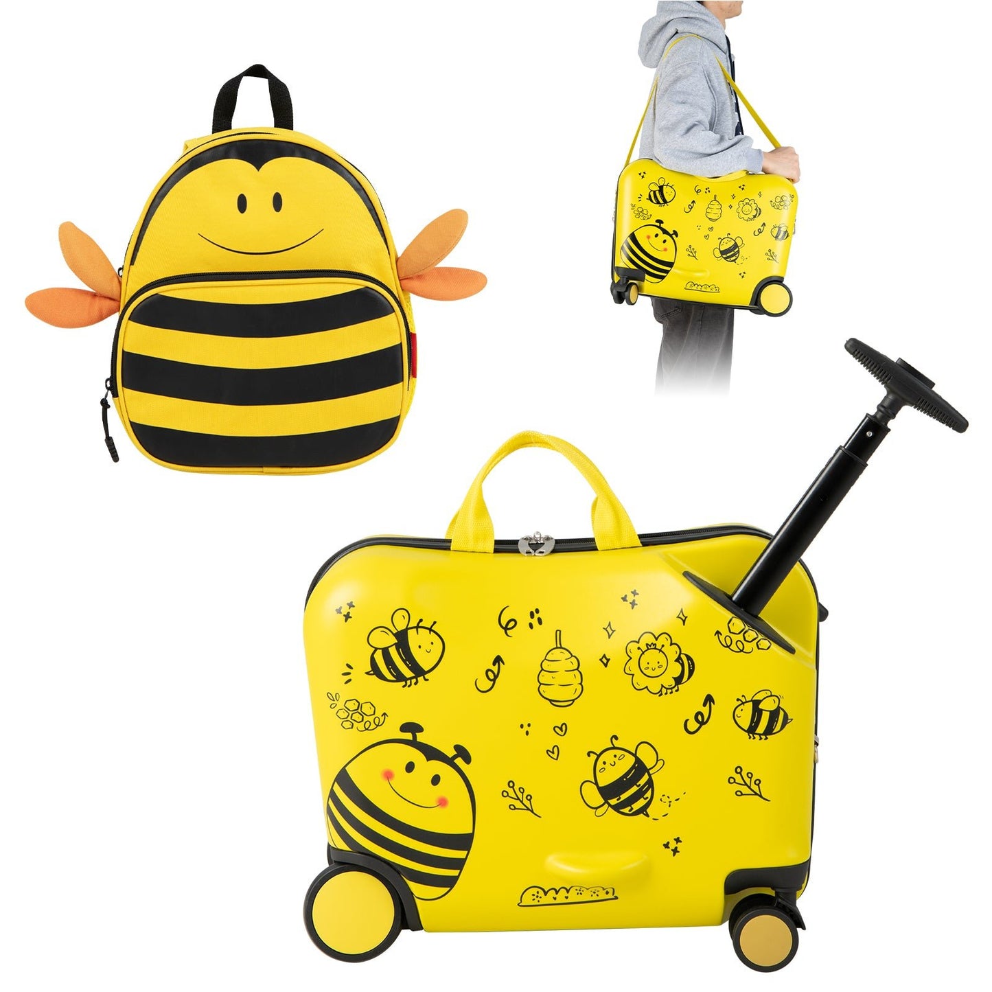 2 Pieces Kids Luggage Set with Spinner Wheels and Anti-Lose Rope - Bee - The Online Toy Shop - Costway - 2