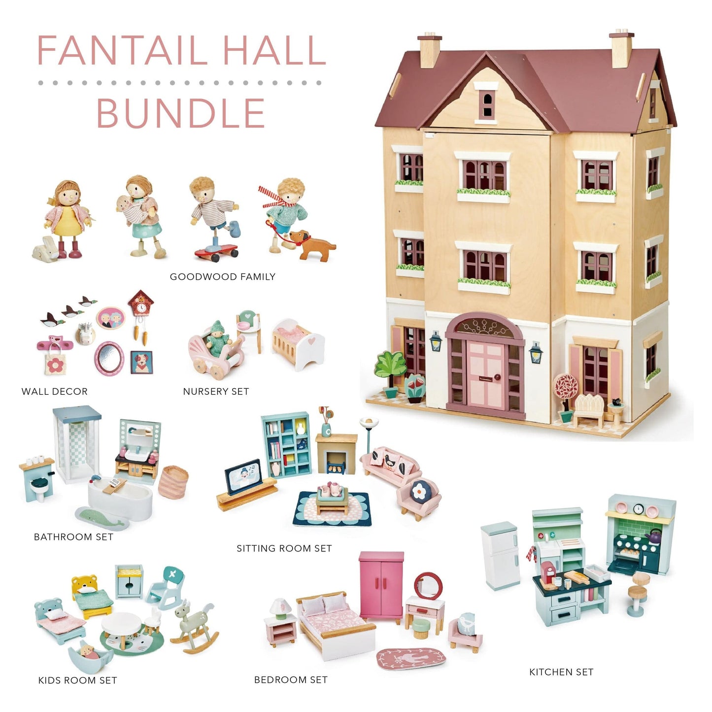 Tender Leaf Fantail Hall Bundle Deluxe Wooden Doll House with Accessories pieces list