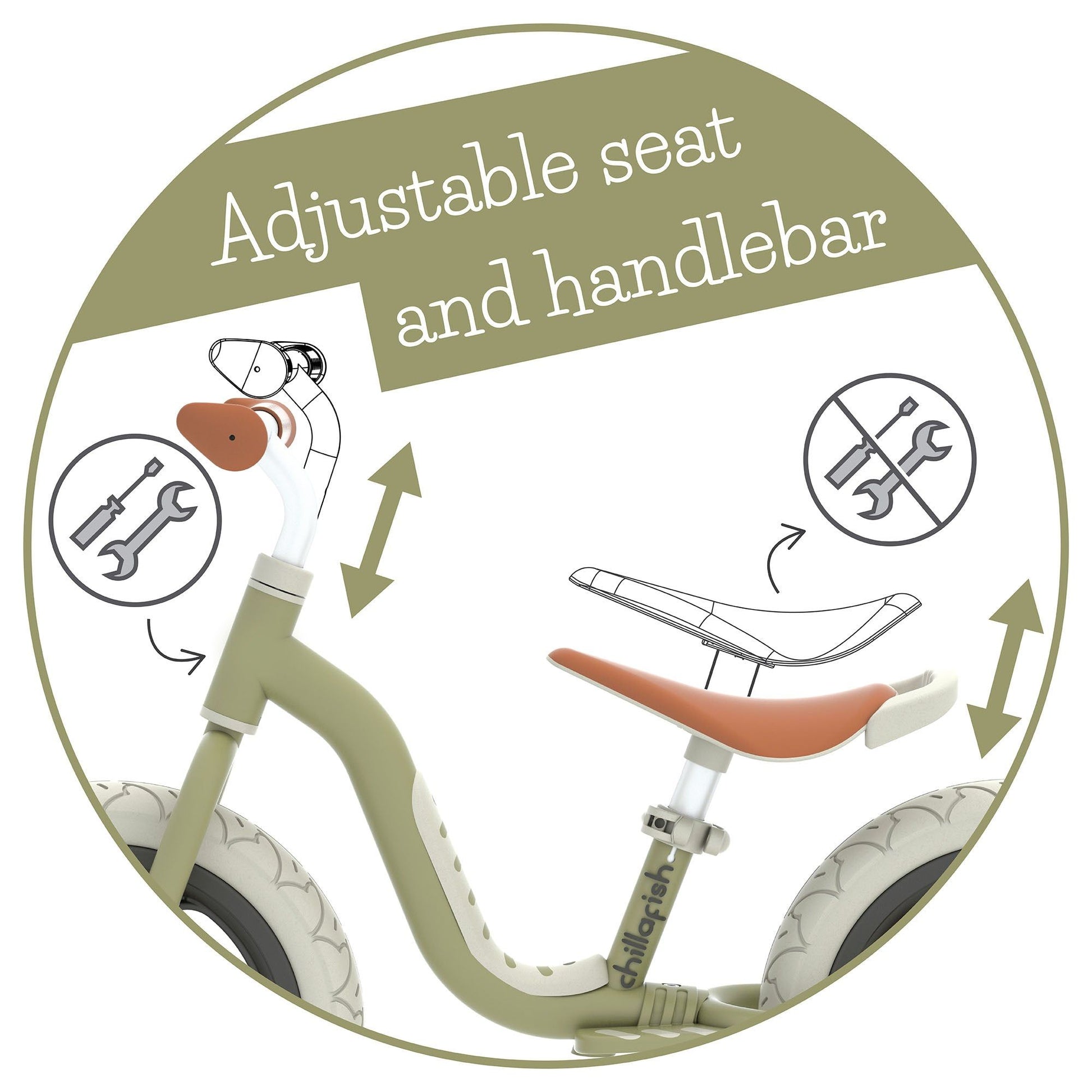 Chillafish Balance Bike Charlie LUX - Olive adjustable seat and handlebar