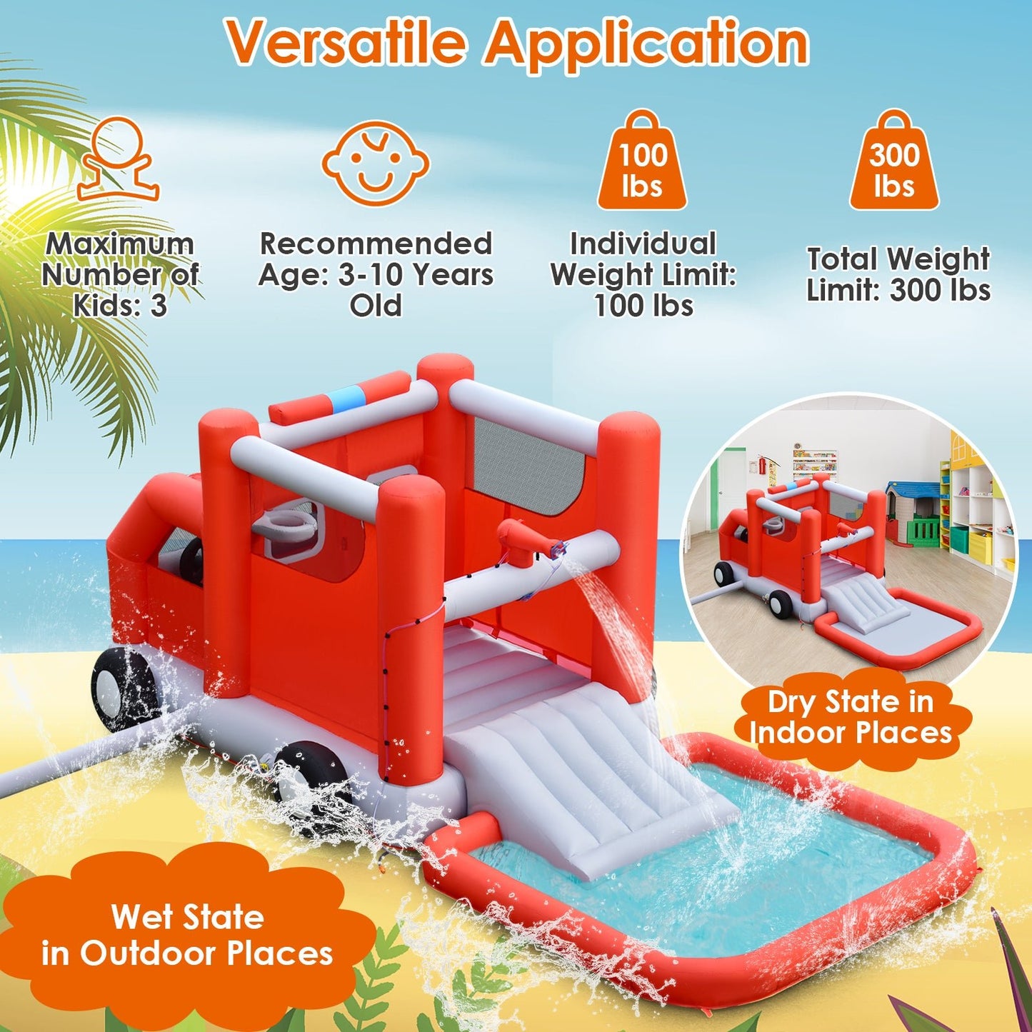 Fire Engine Inflatable Water Park with Slide