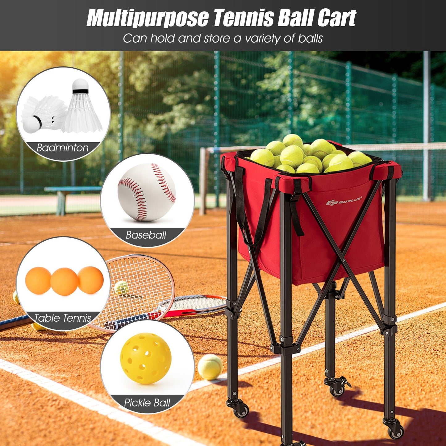 Foldable Aluminum Tennis Ball Cart Hopper Basket with Wheels-Red