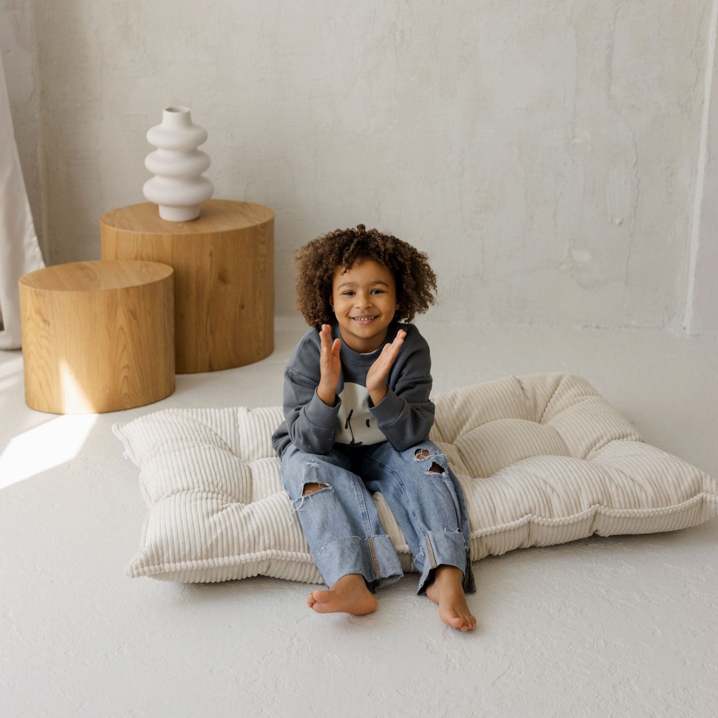 MINICAMP Tufted Corduroy Floor Cushion, French Style Pillow in Ecru