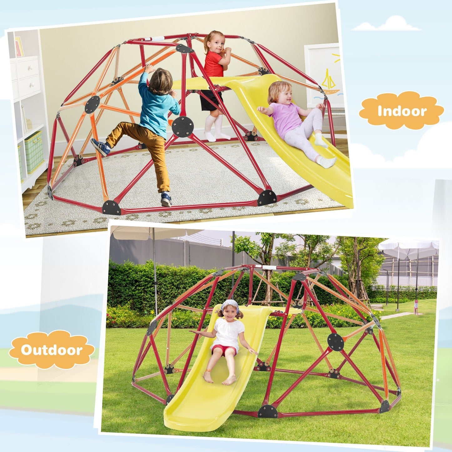 Geometric Dome Climber and Play Set with Slide for Outdoor-Orange