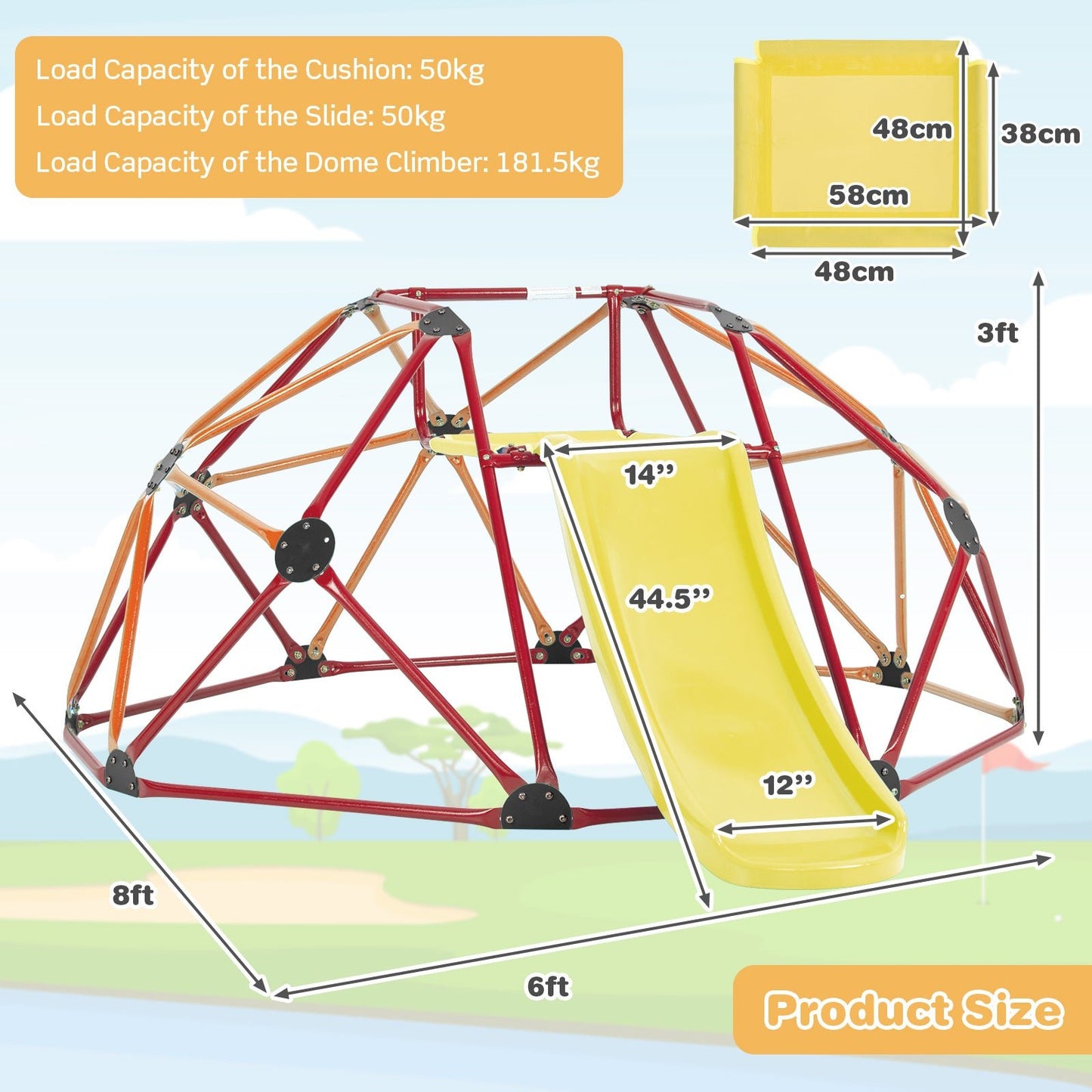 Geometric Dome Climber and Play Set with Slide for Outdoor-Orange