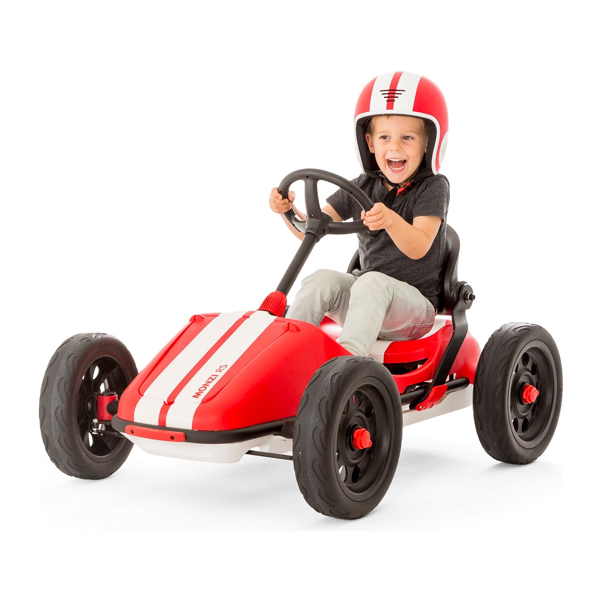 smiling boy driving Chillafish Kids Go Kart Monzi - Red