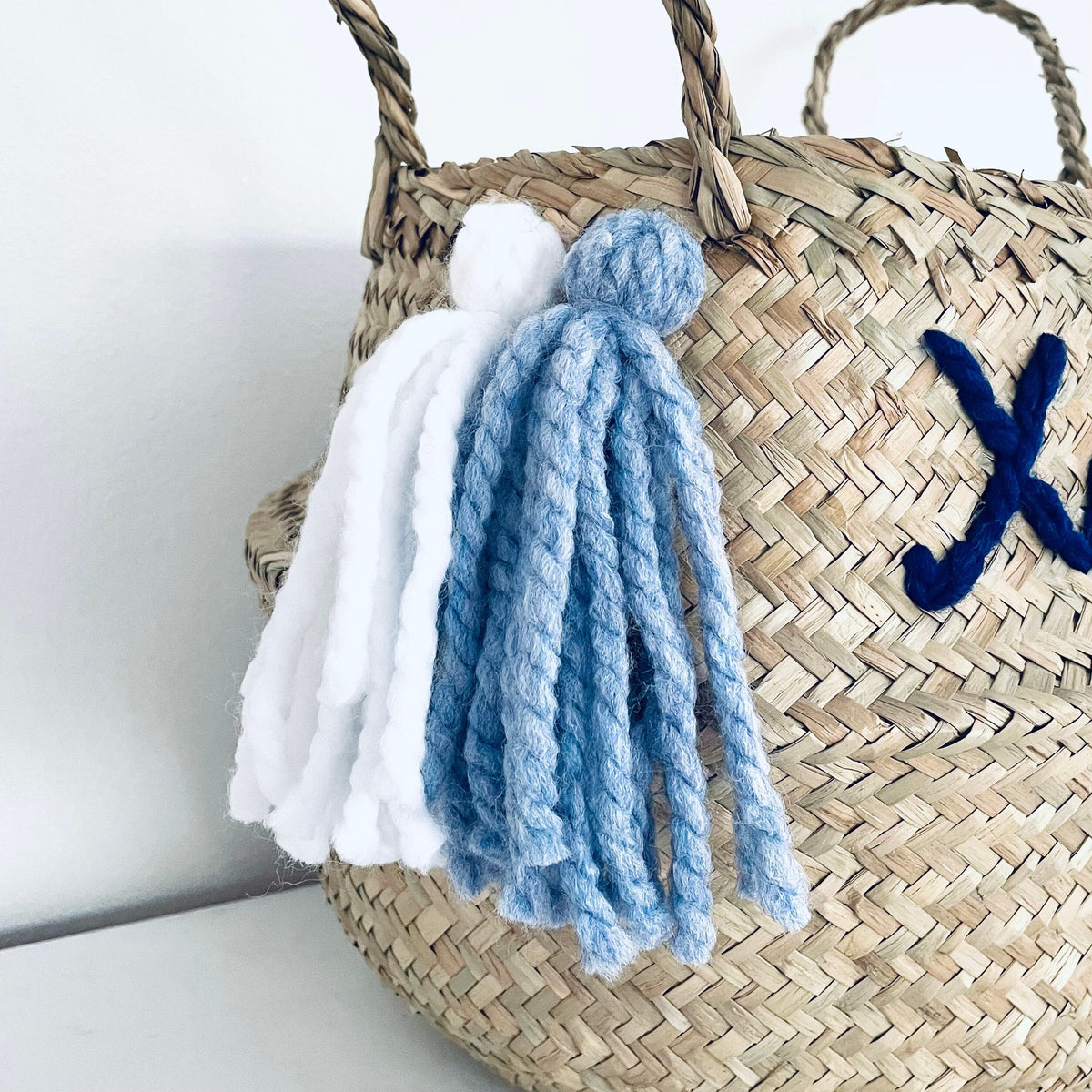 Blue Personalised tassel name basket - Large