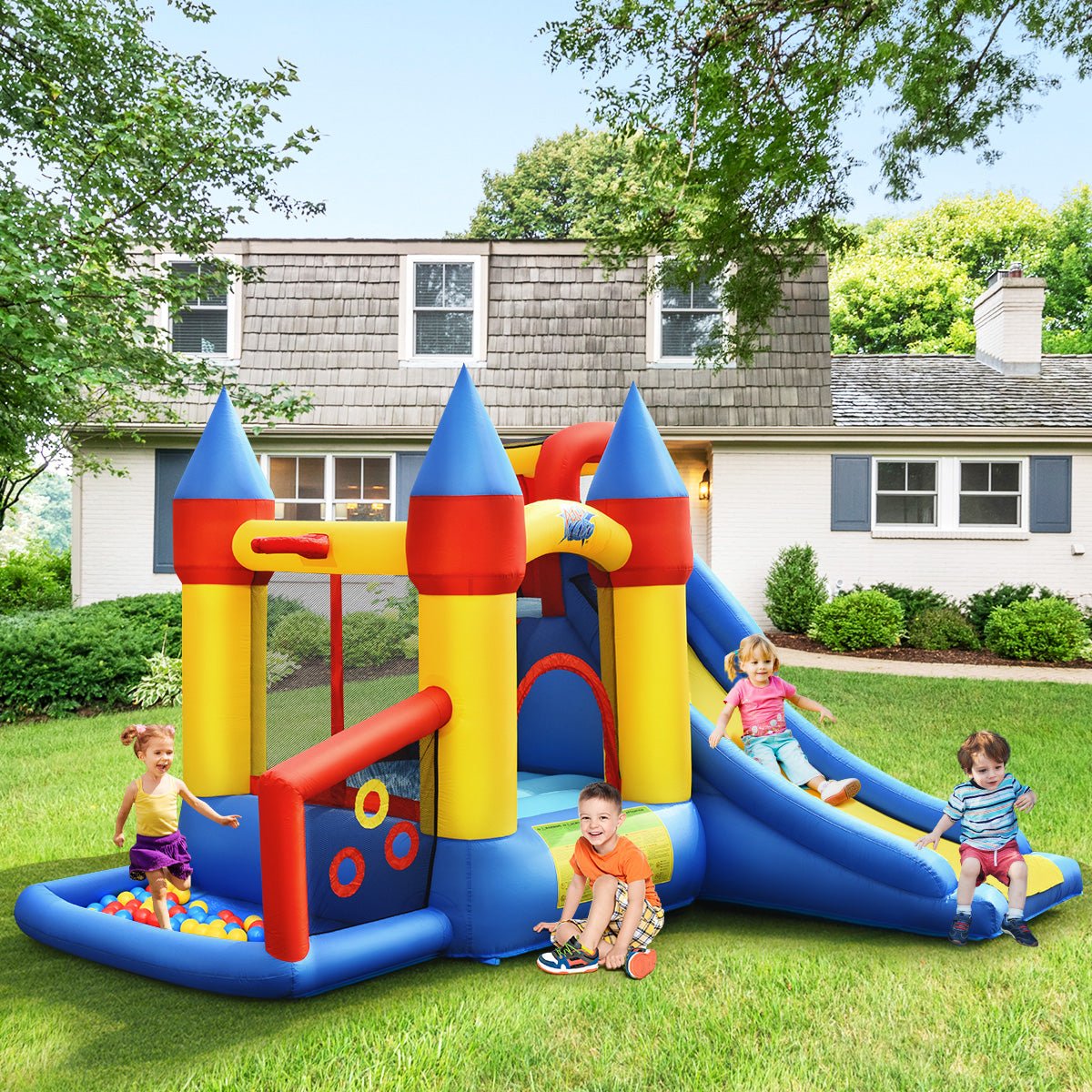 Inflatable Bouncy Castle with Ball Pit, Slide & Climbing Wall inc Air Blower