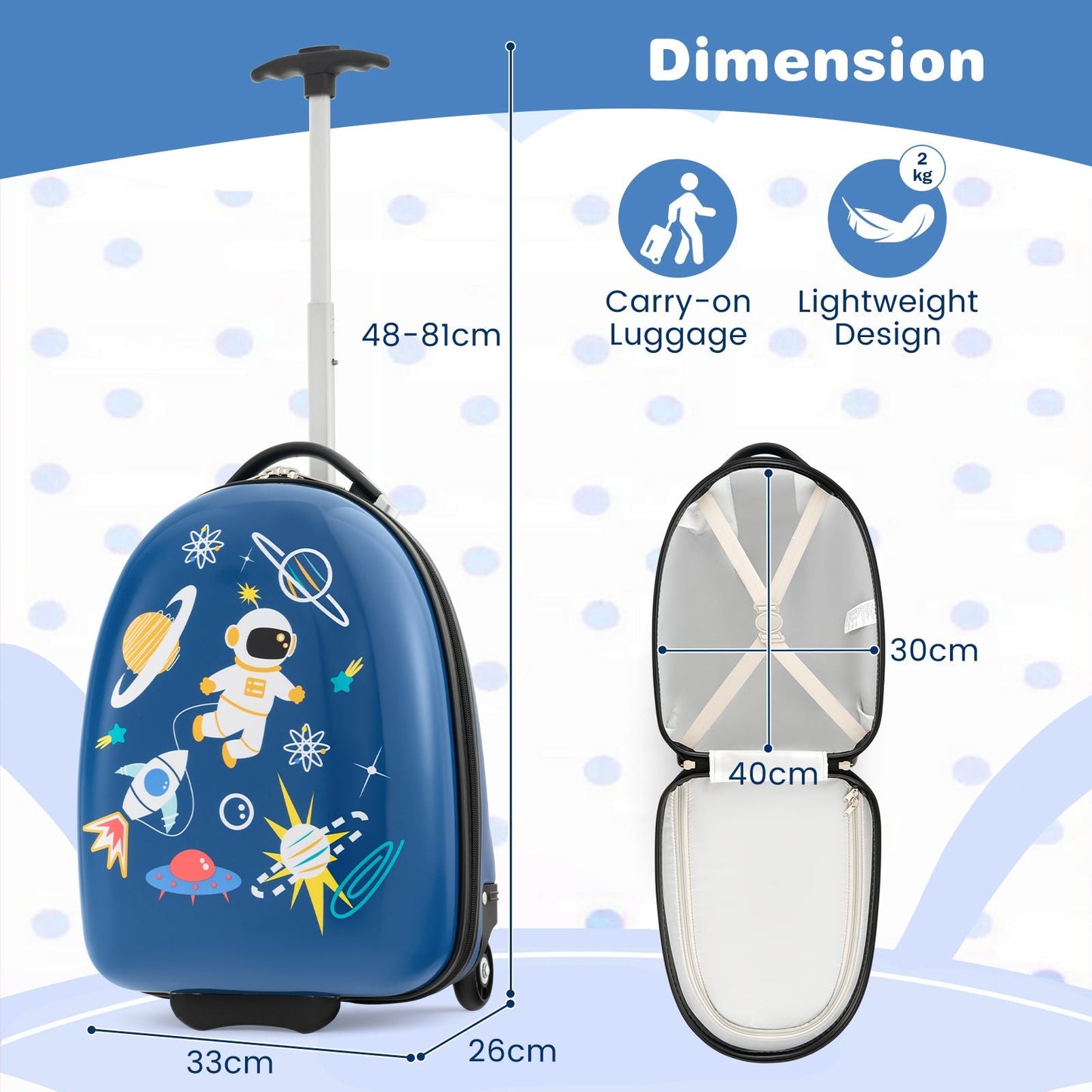 16 Inches Kids Carry-On Luggage with Wheels-Blue Spaceman