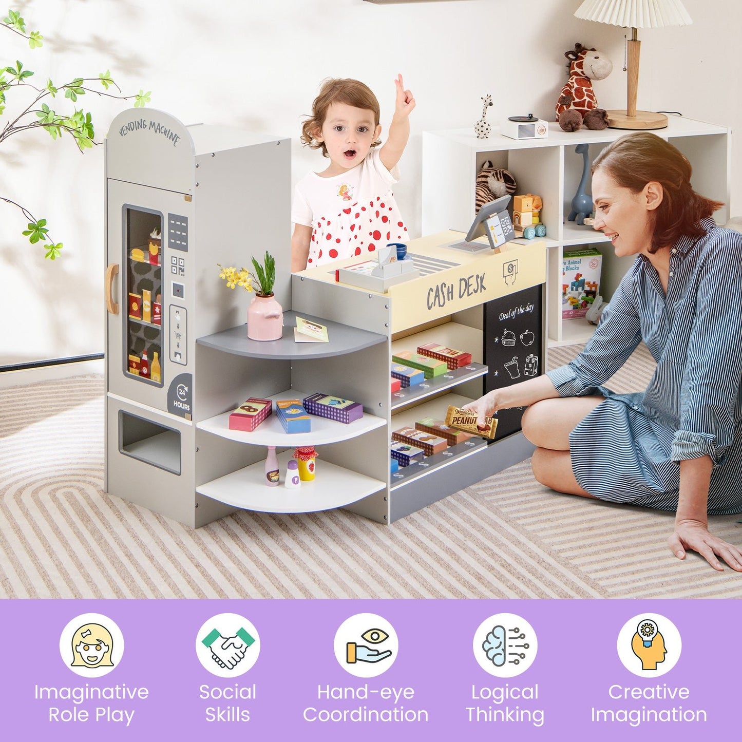 Kids Grocery Store Playset with Cash Register and Writable Chalkboard-Grey